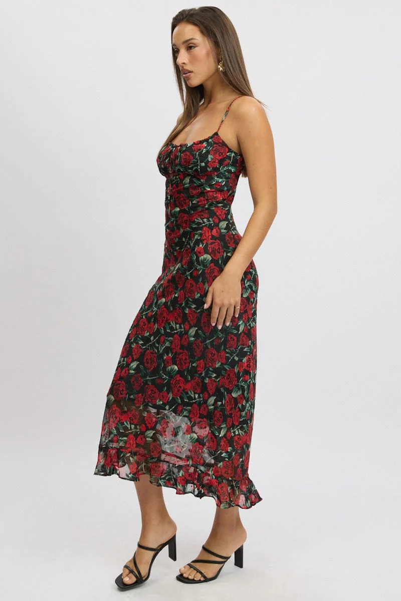 Red Floral Midi Dress Bias Chiffon - Image 4