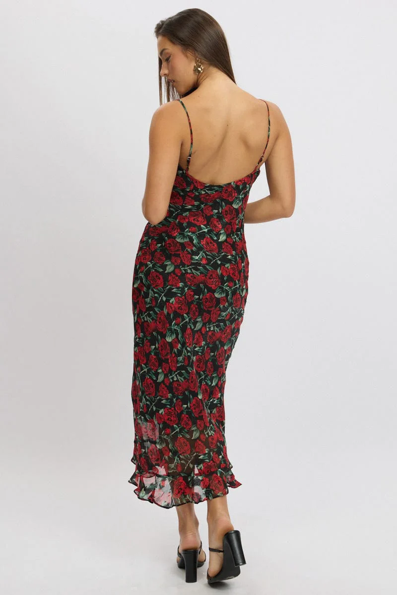 Red Floral Midi Dress Bias Chiffon - Image 5