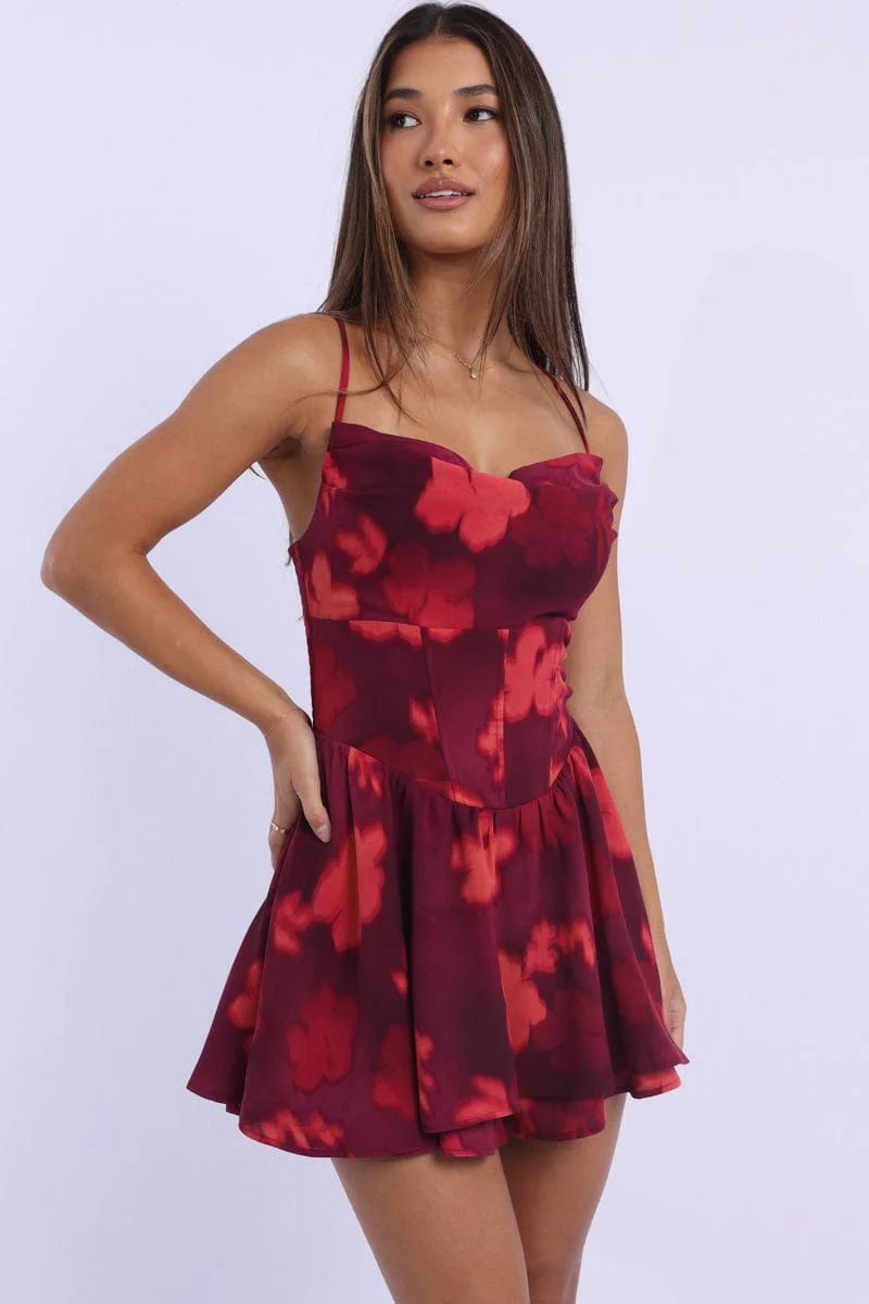 Red Floral Playsuit Cowlneck Strappy - Image 2