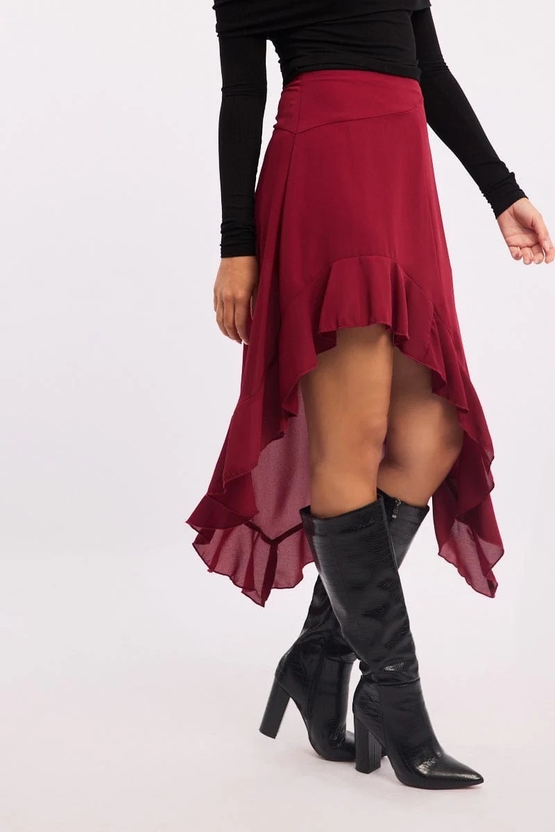 Red Frill Skirt High Waisted High Low Midi - Image 3