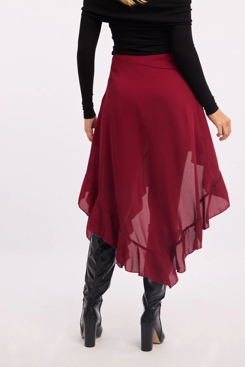 Red Frill Skirt High Waisted High Low Midi - Image 4