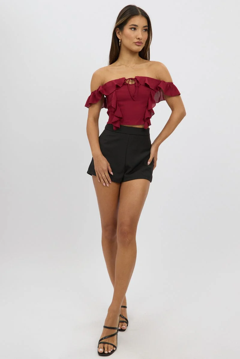 Red Frilled Top Sleeveless Off Shoulder Chiffon - Image 2