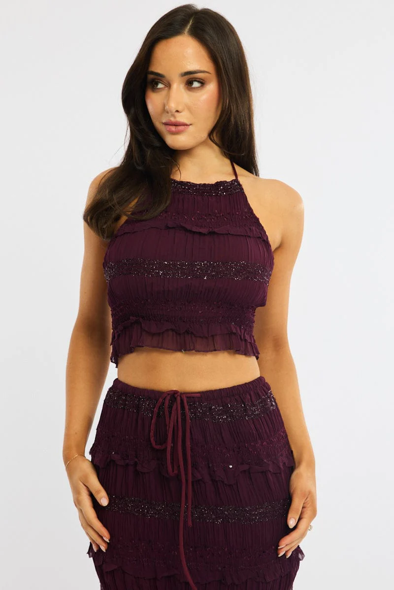 Red Halter Cropped Top Sleeveless Textured - Image 2