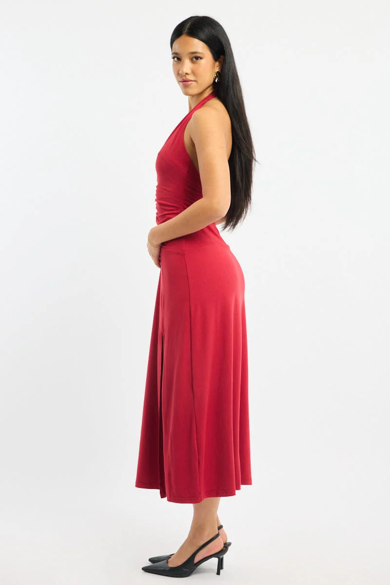Red Halter Neck Midi Dress - Image 3