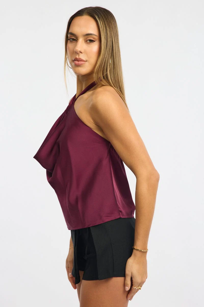 Red Halter Top Cowl Neck Sleeveless Satin - Image 4