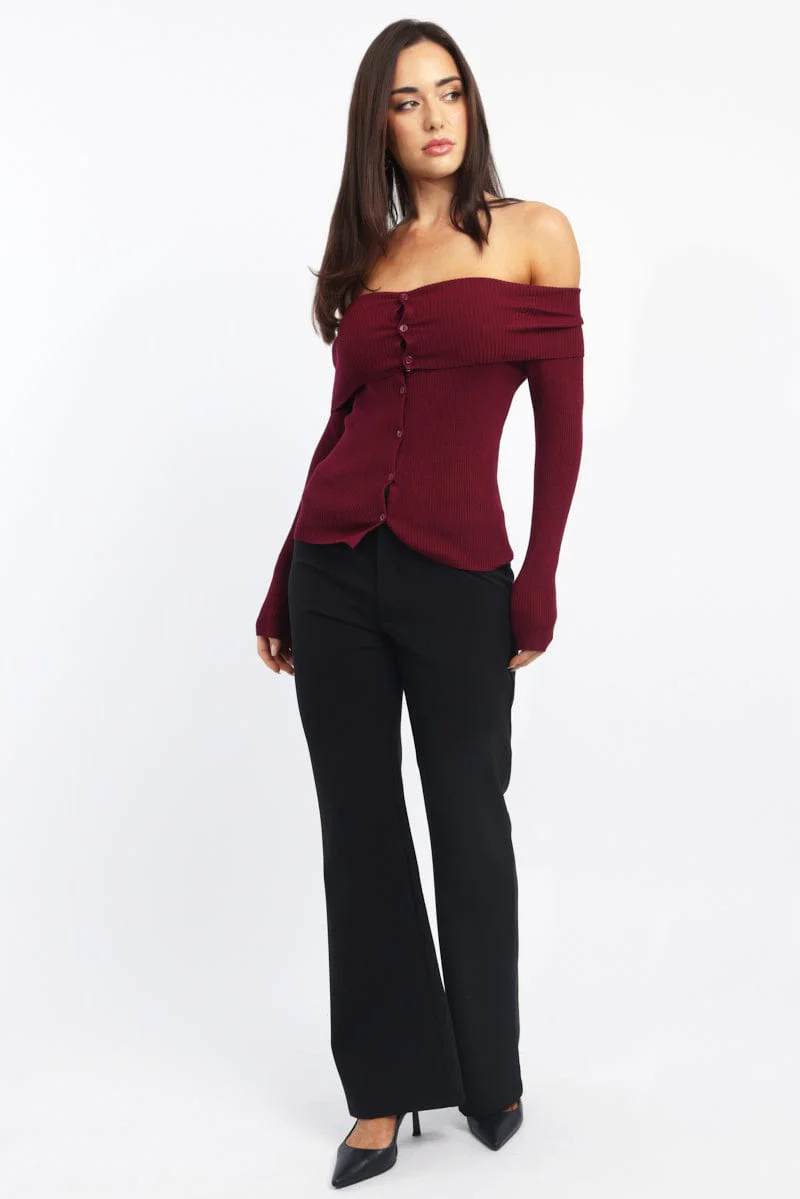 Red Knit Cardigan Long Sleeve Bardot - Image 2