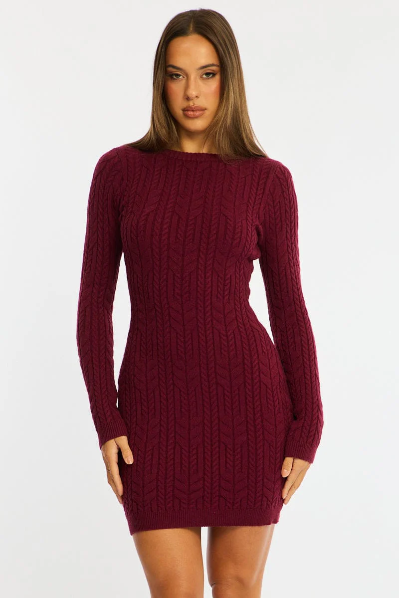 Red Knit Dress Long Sleeve Cable Mini - Image 2