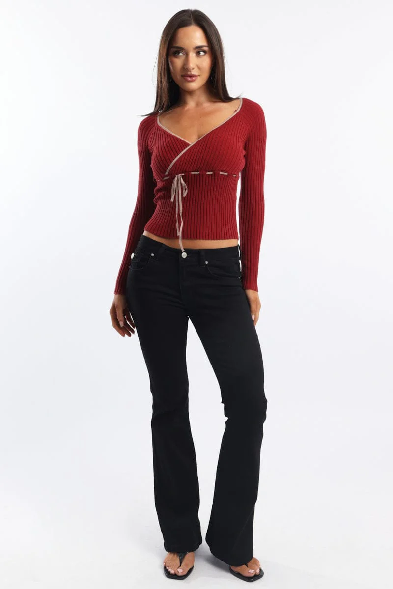 Red Knit Top Long Sleeve Wrap Front Contrast Ribbon - Image 2