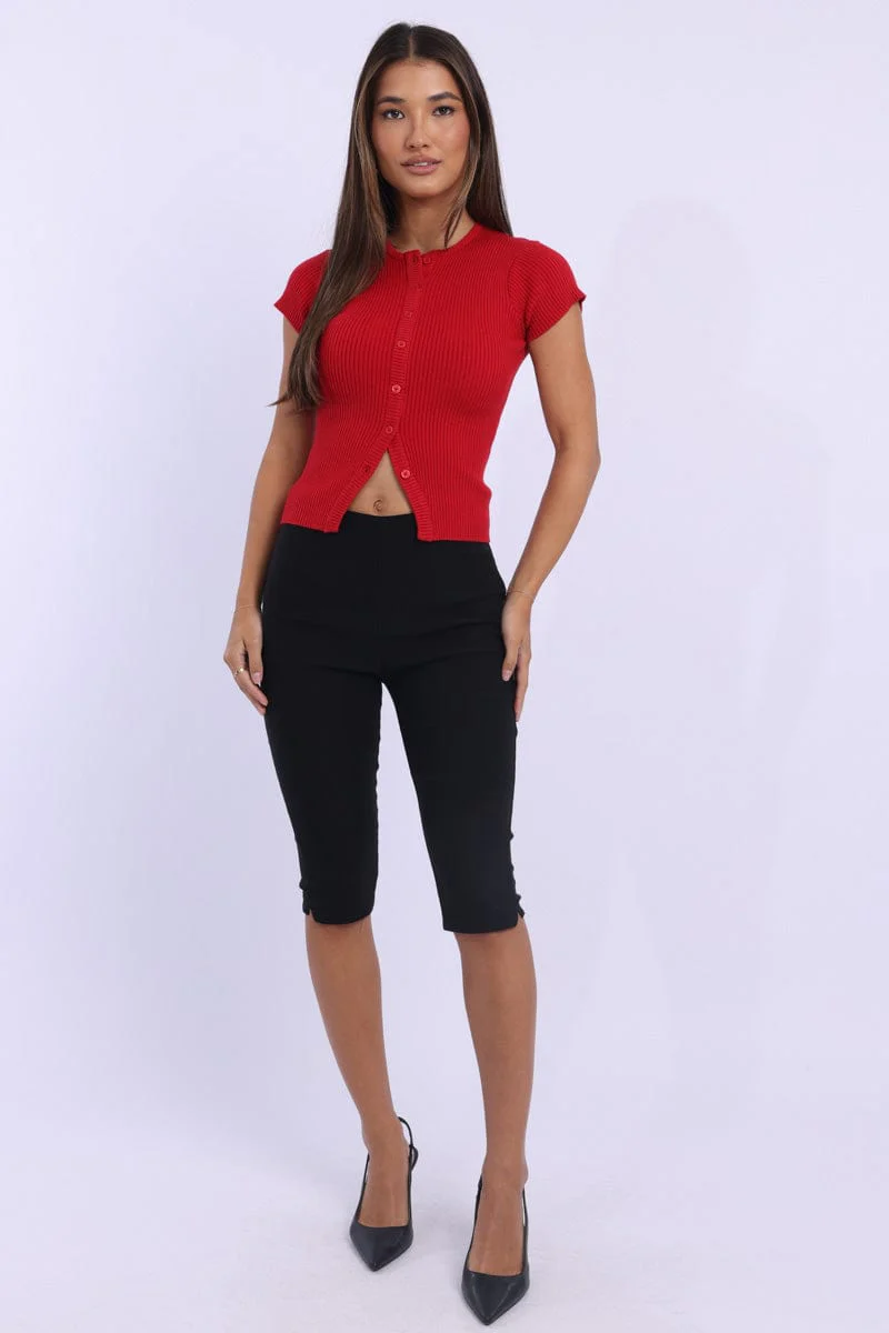 Red Knit Top Short Sleeve Ribbed - Image 3