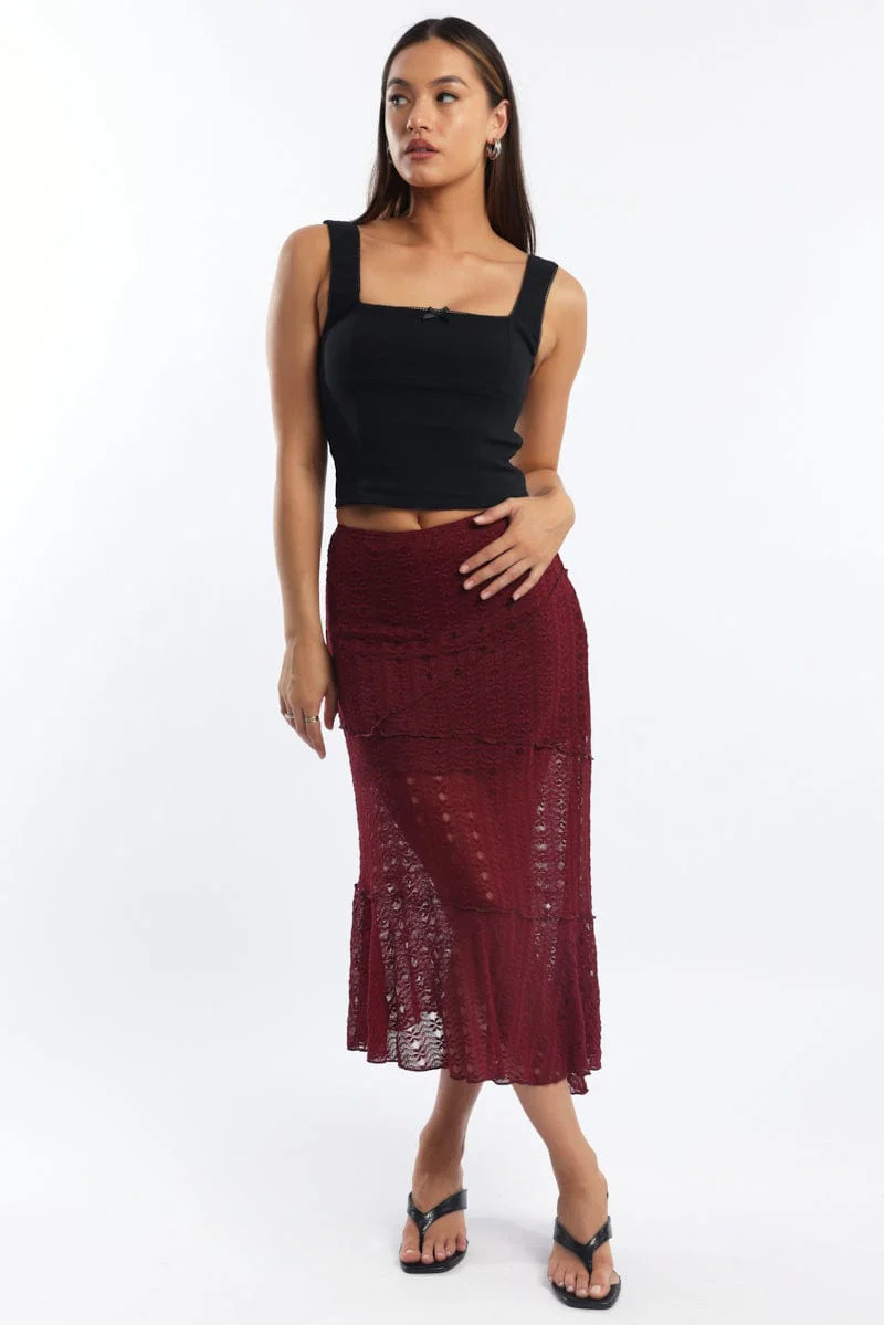 Red Lace Midi Skirt