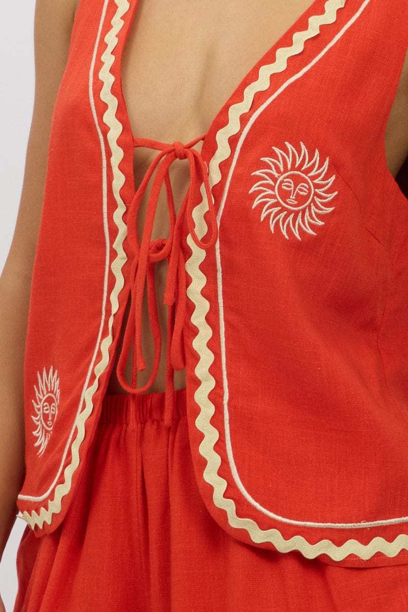 Red Linen Vest Sleeveless Embo - Image 6