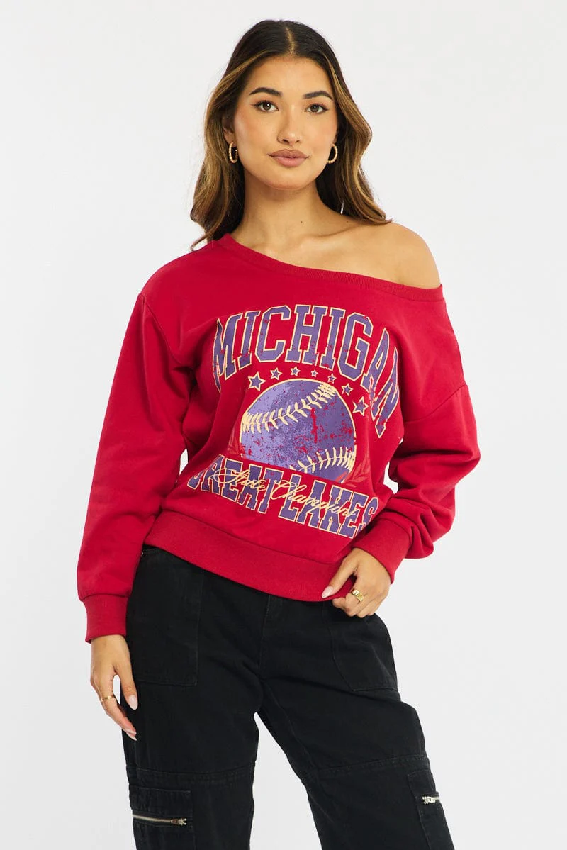 Red Long Sleeve Off The Shoulder Graphic Sweater - Image 3