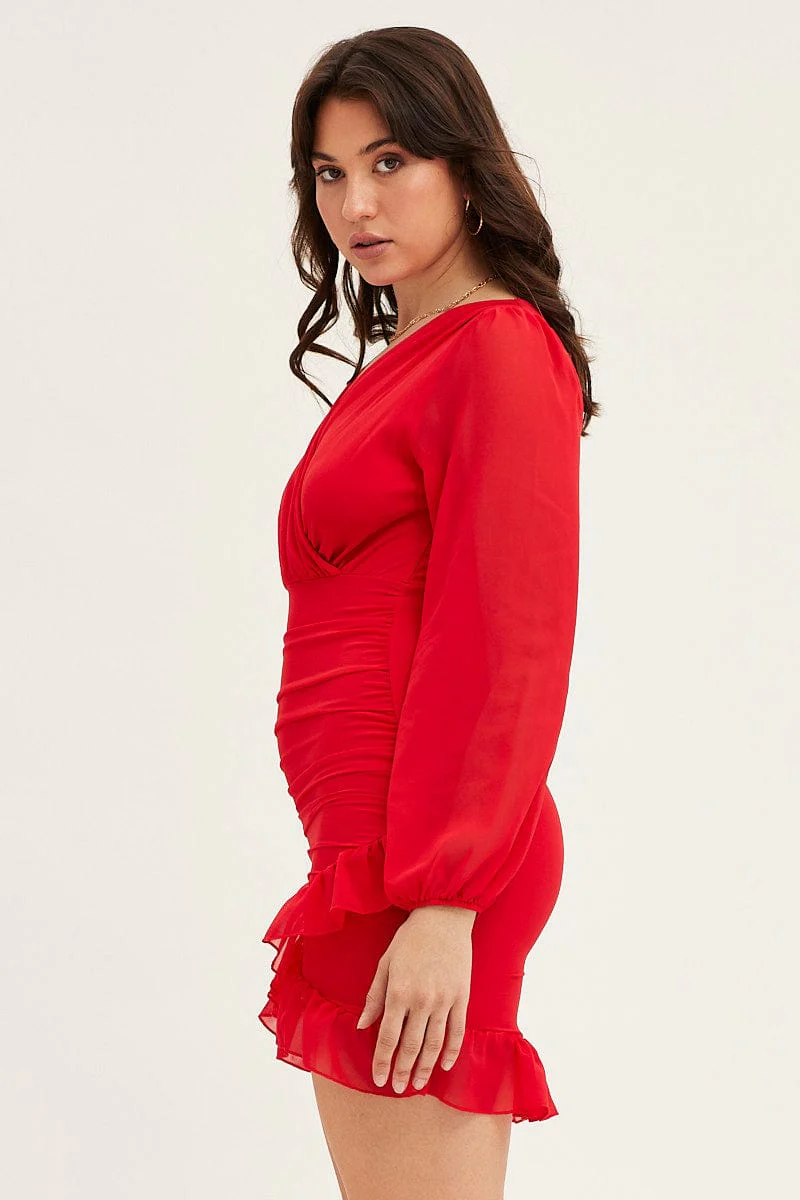 Red Long Sleeve Party Bodycon Dress - Image 4