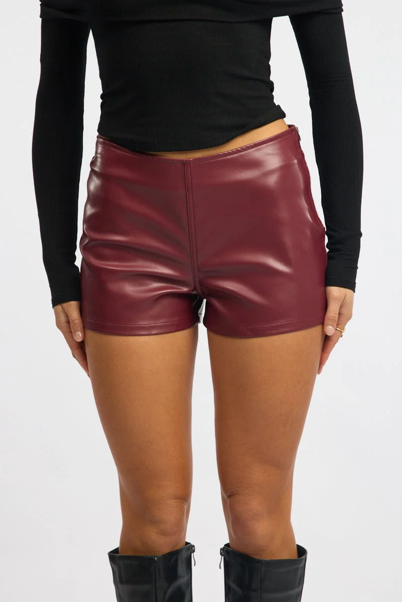 Red Low Rise Short Side Zipper Faux Leather - Image 2