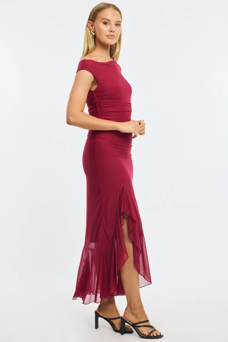 Red Maxi Dress Asymmetric Shoulder Mesh - Image 3