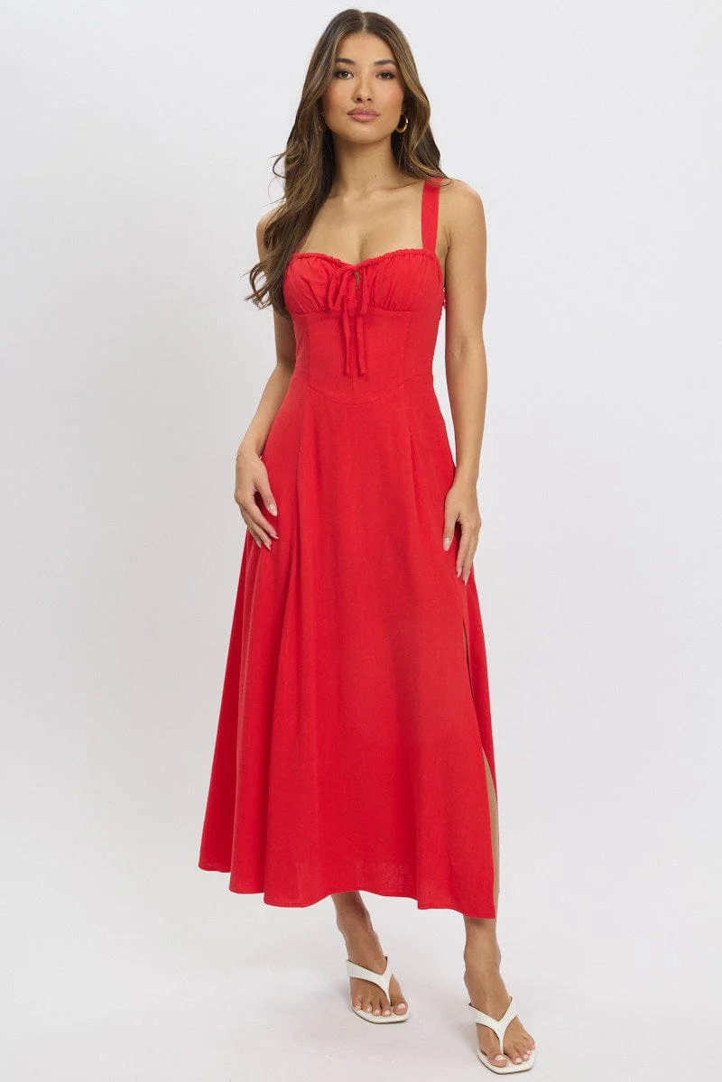 Red Maxi Dress Corset Detailed - Image 3