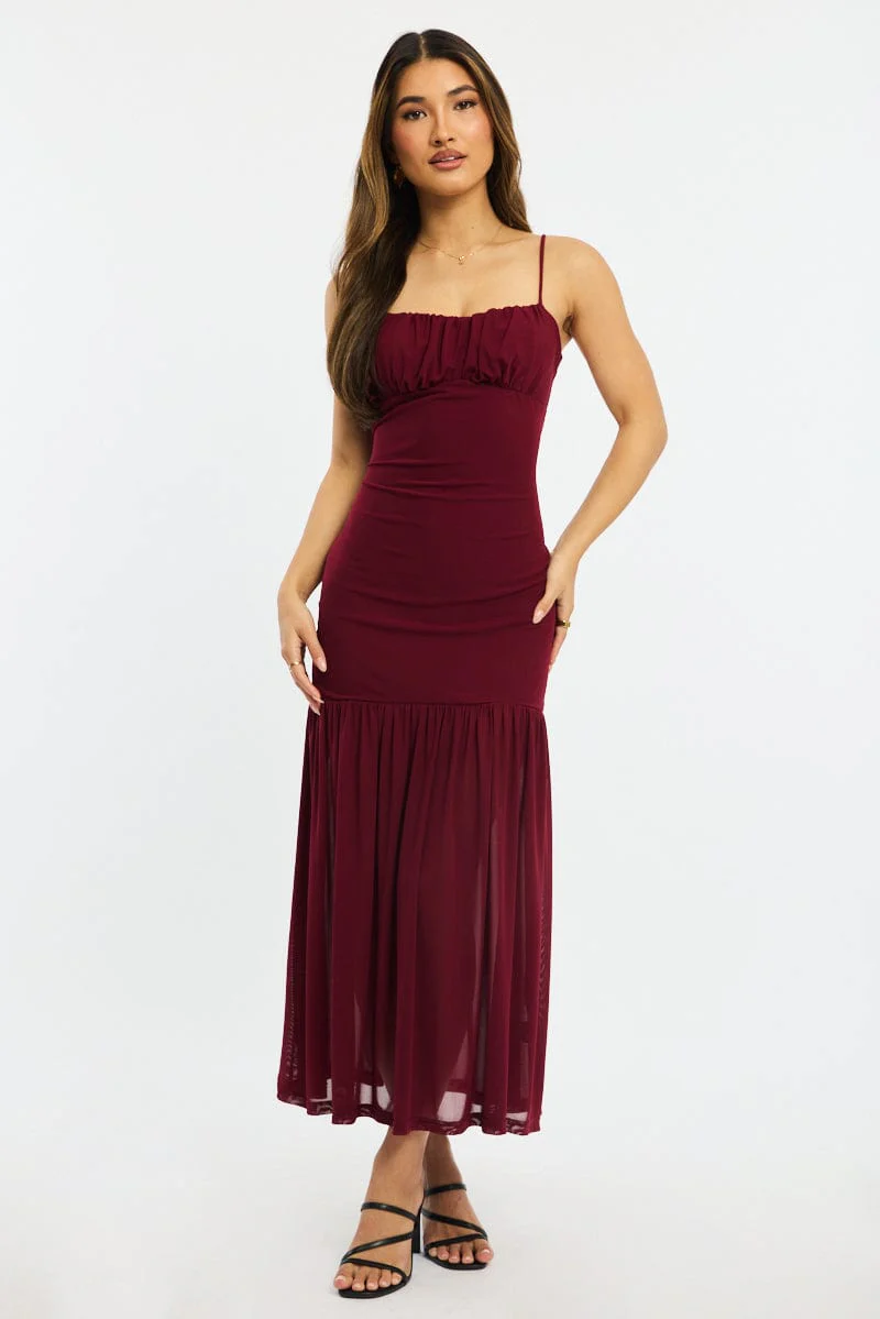 Red Maxi Dress Gathered Bust Mesh - Image 2