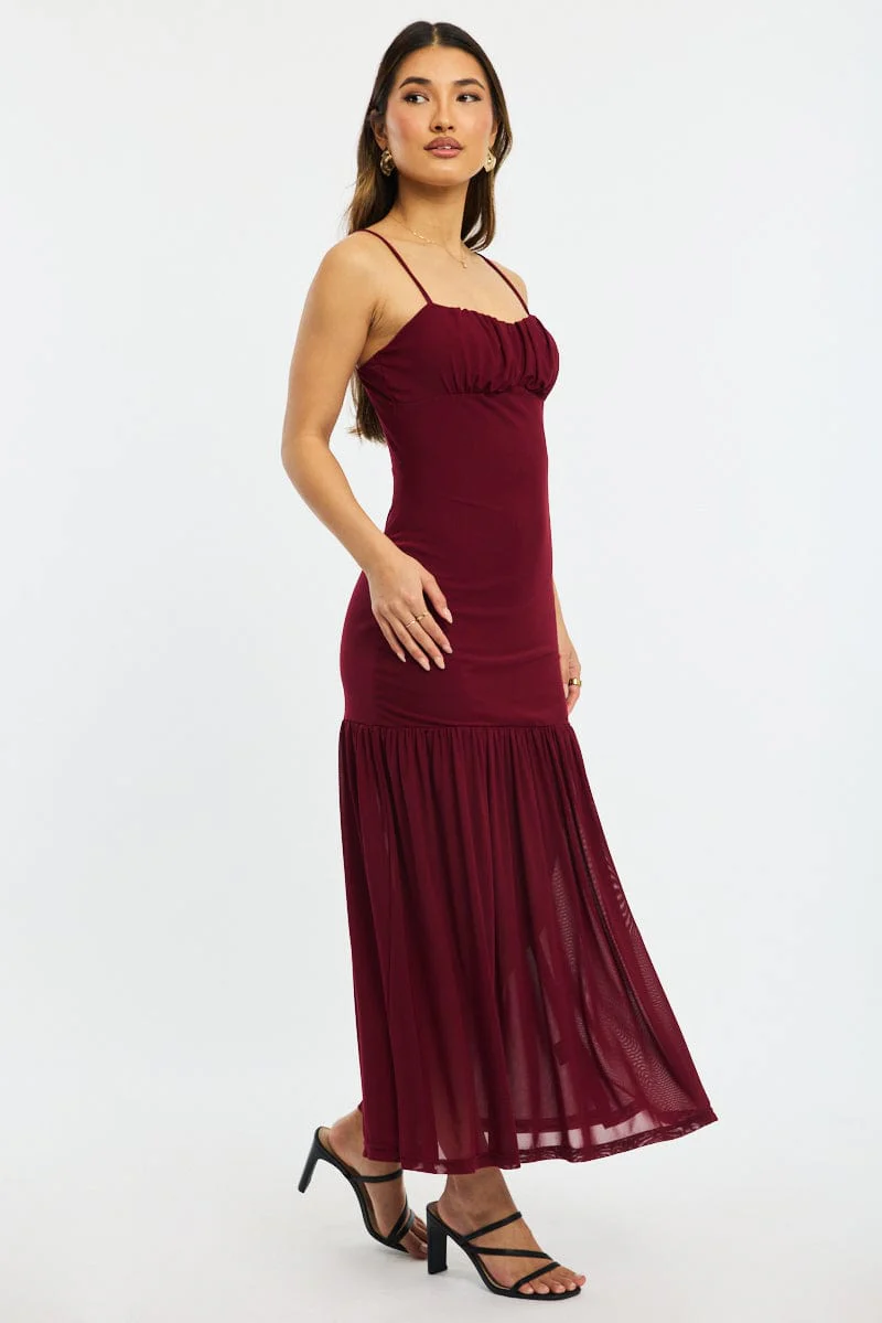 Red Maxi Dress Gathered Bust Mesh - Image 3