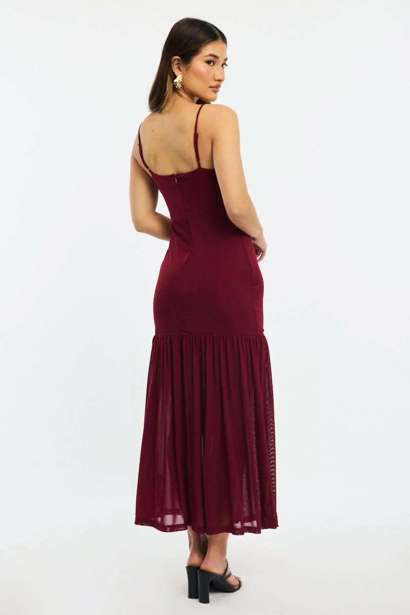 Red Maxi Dress Gathered Bust Mesh - Image 4