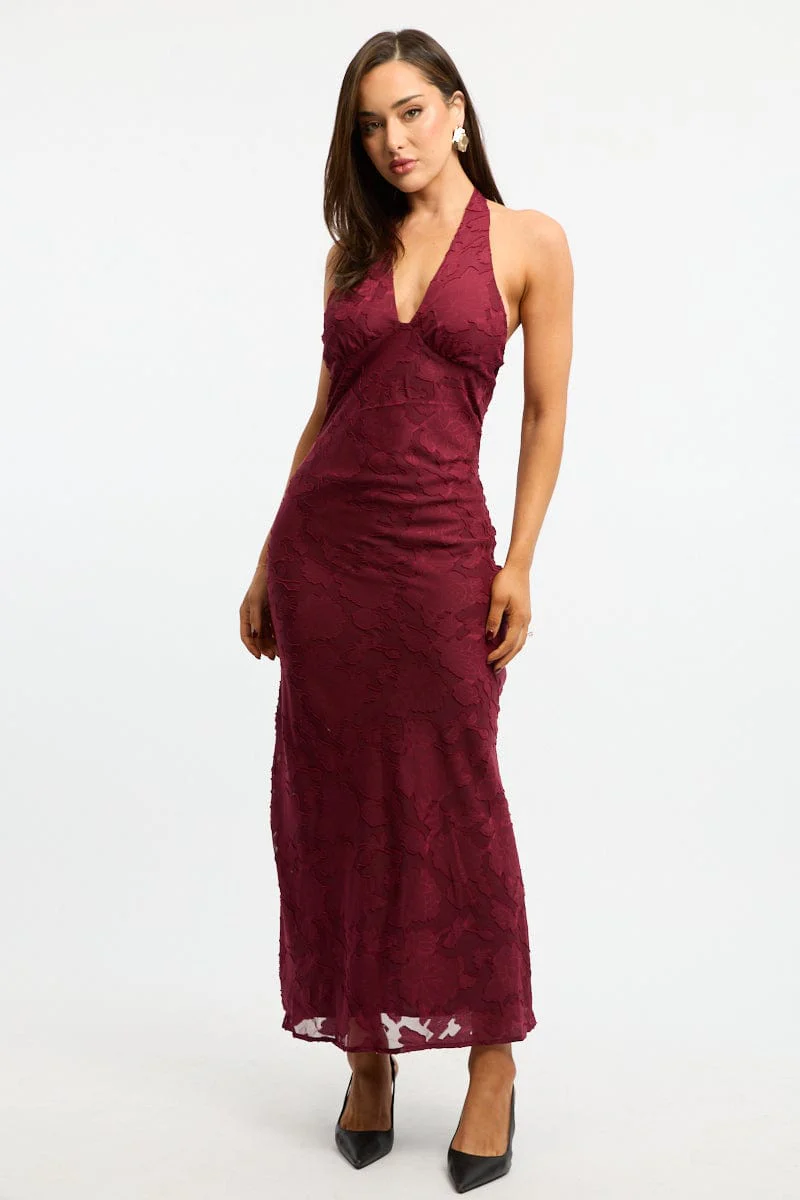 Red Maxi Dress Halter Neck Burn Out - Image 2