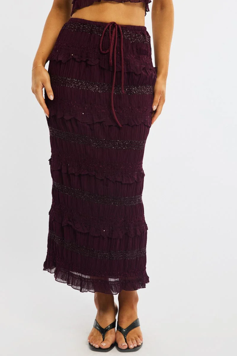 Red Maxi Skirt Elastic Waistband Ruffle Textured - Image 2