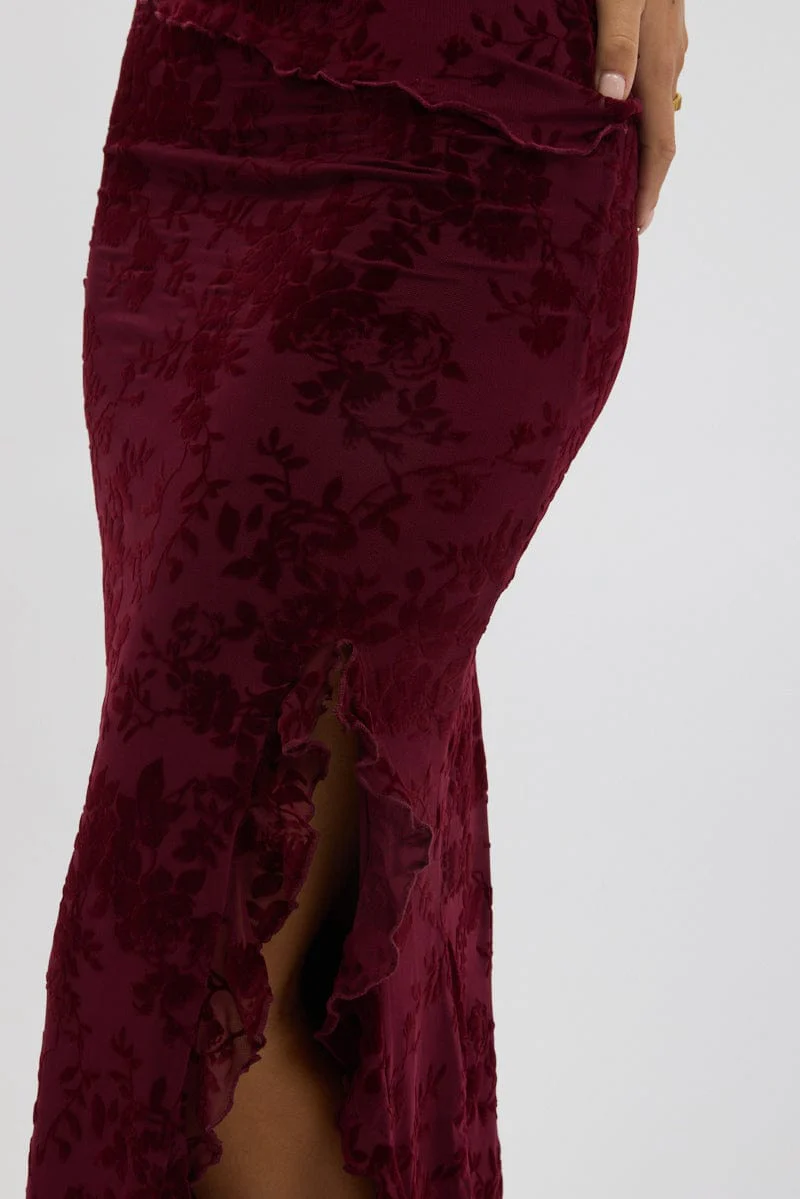 Red Maxi Skirt High Rise Ruffle Frill Hem Burnout - Image 5
