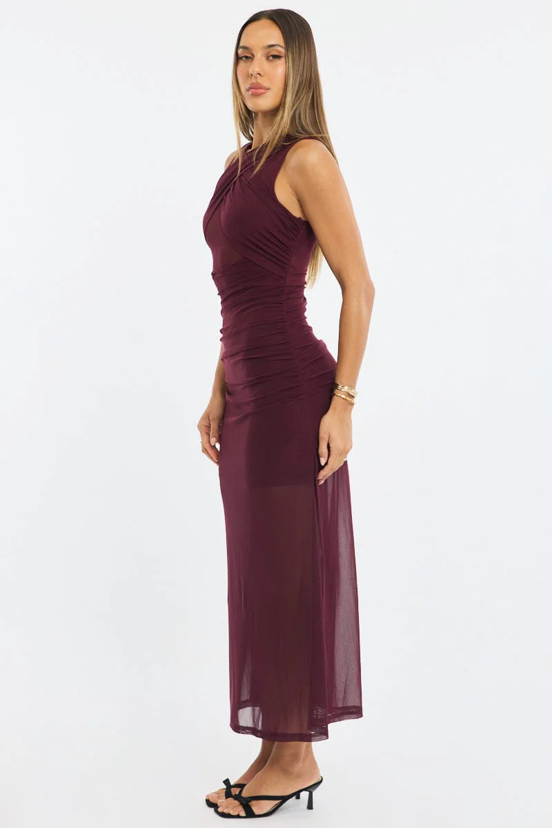 Red Midi Dress Cut Out Detail Mesh - Image 4