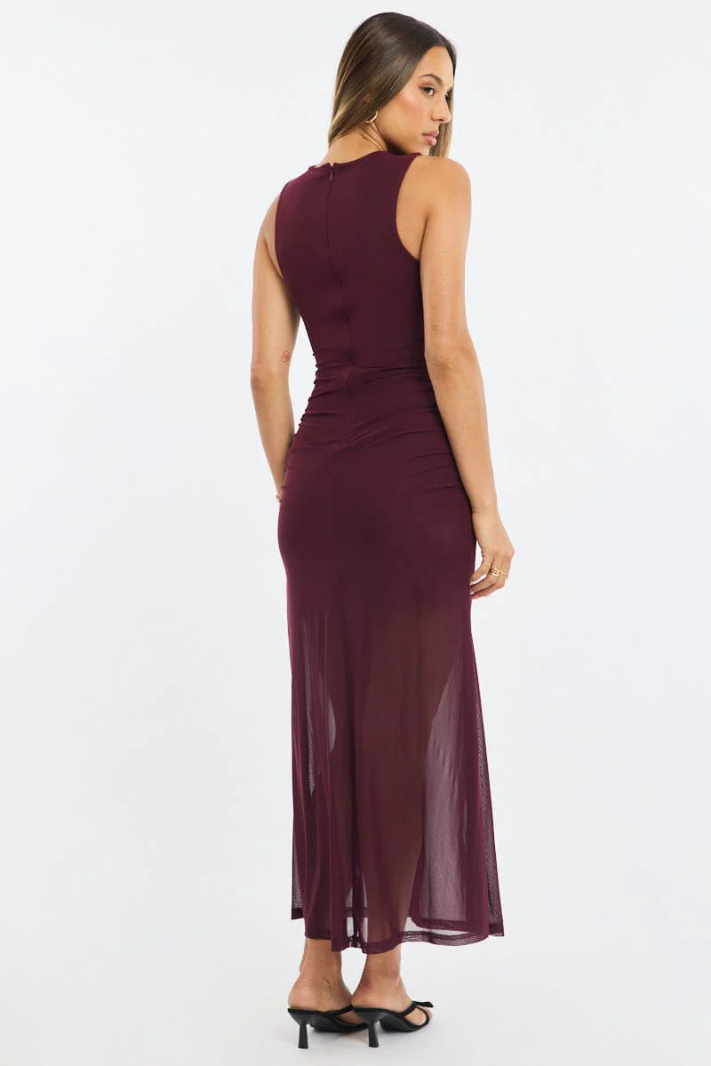 Red Midi Dress Cut Out Detail Mesh - Image 5