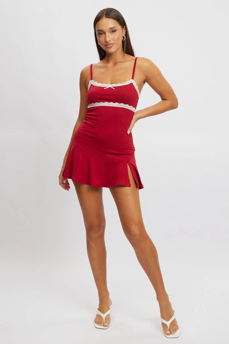 Red Mini Dress Lace Trim - Image 2