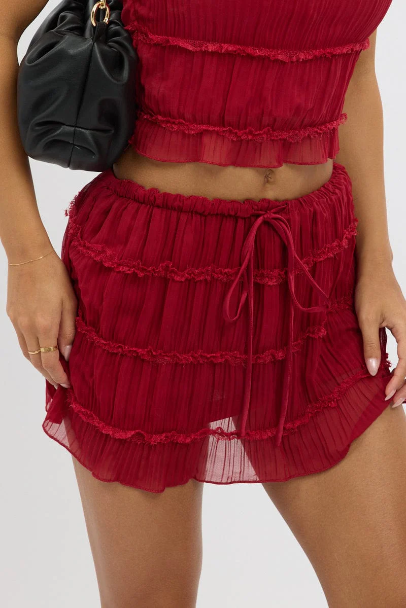 Red Mini Skirt Mid Rise Shirred Detail Lined Bloomers - Image 6