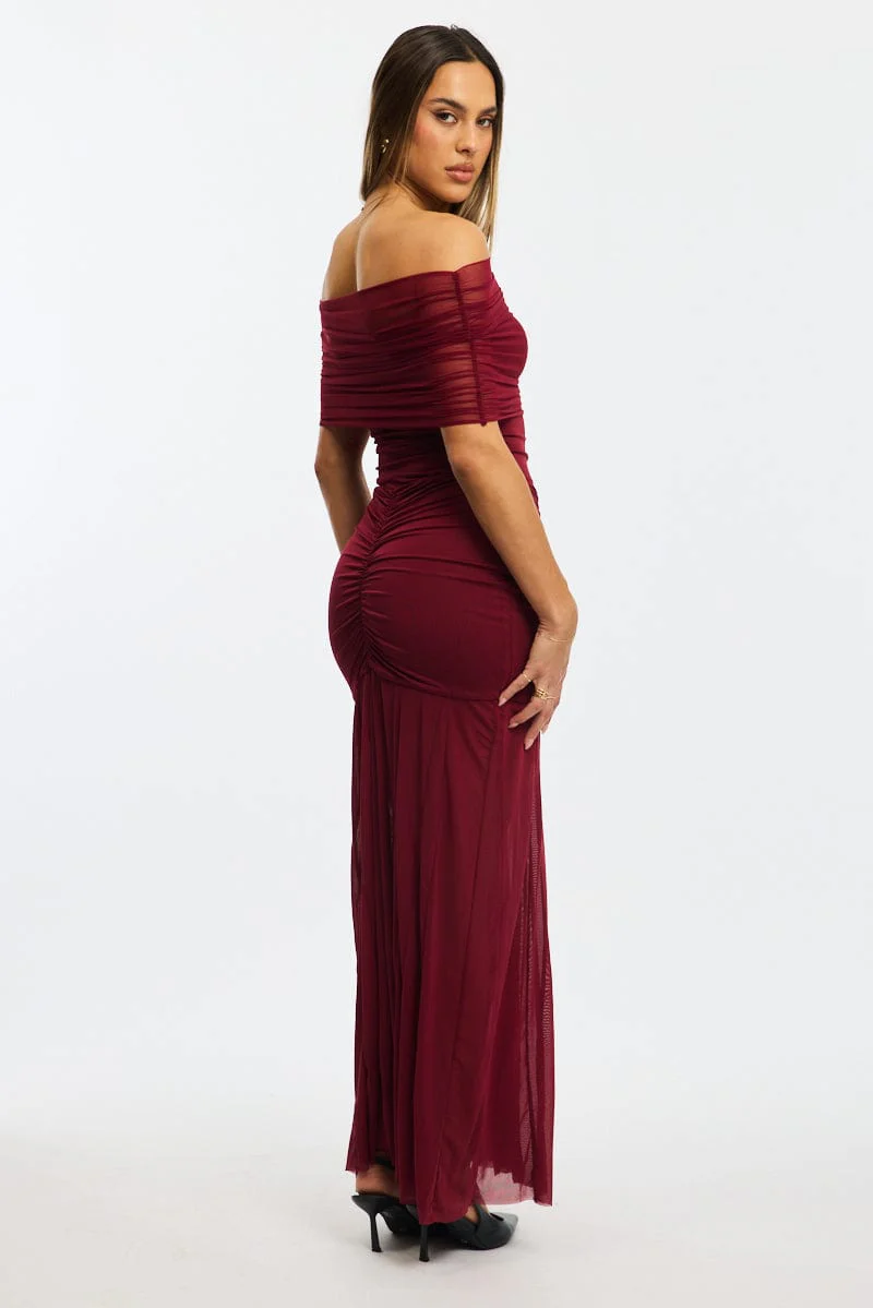 Red Off Shoulder Maxi Dress Mesh - Image 4