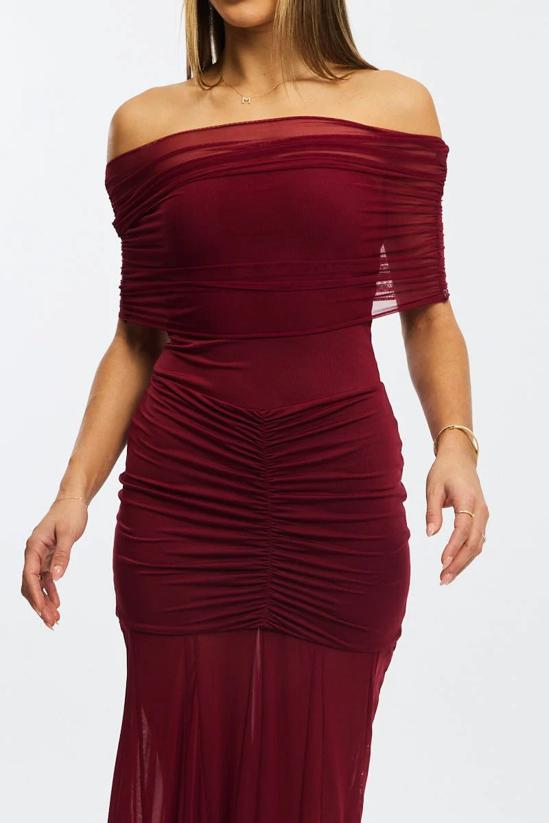 Red Off Shoulder Maxi Dress Mesh - Image 5
