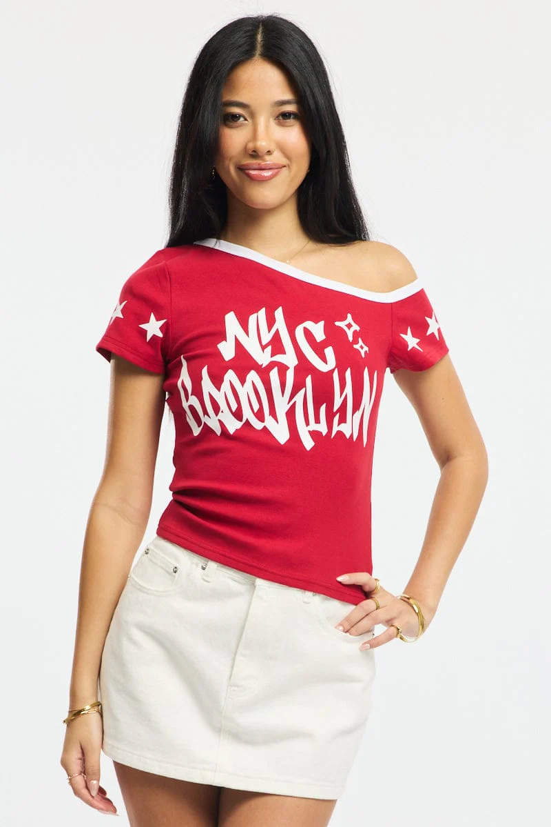 Red One Shoulder Graphic Tee