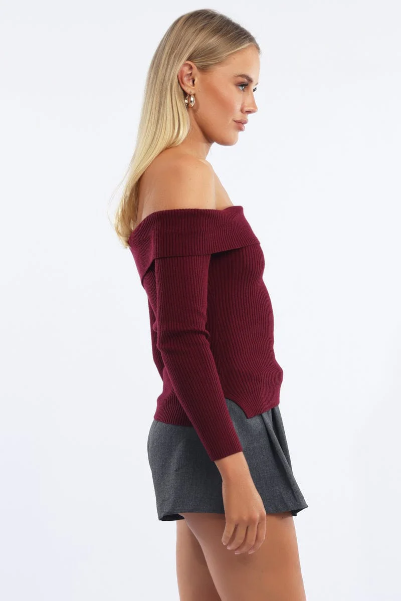 Red One Shoulder Knit Top Long Sleeve - Image 3