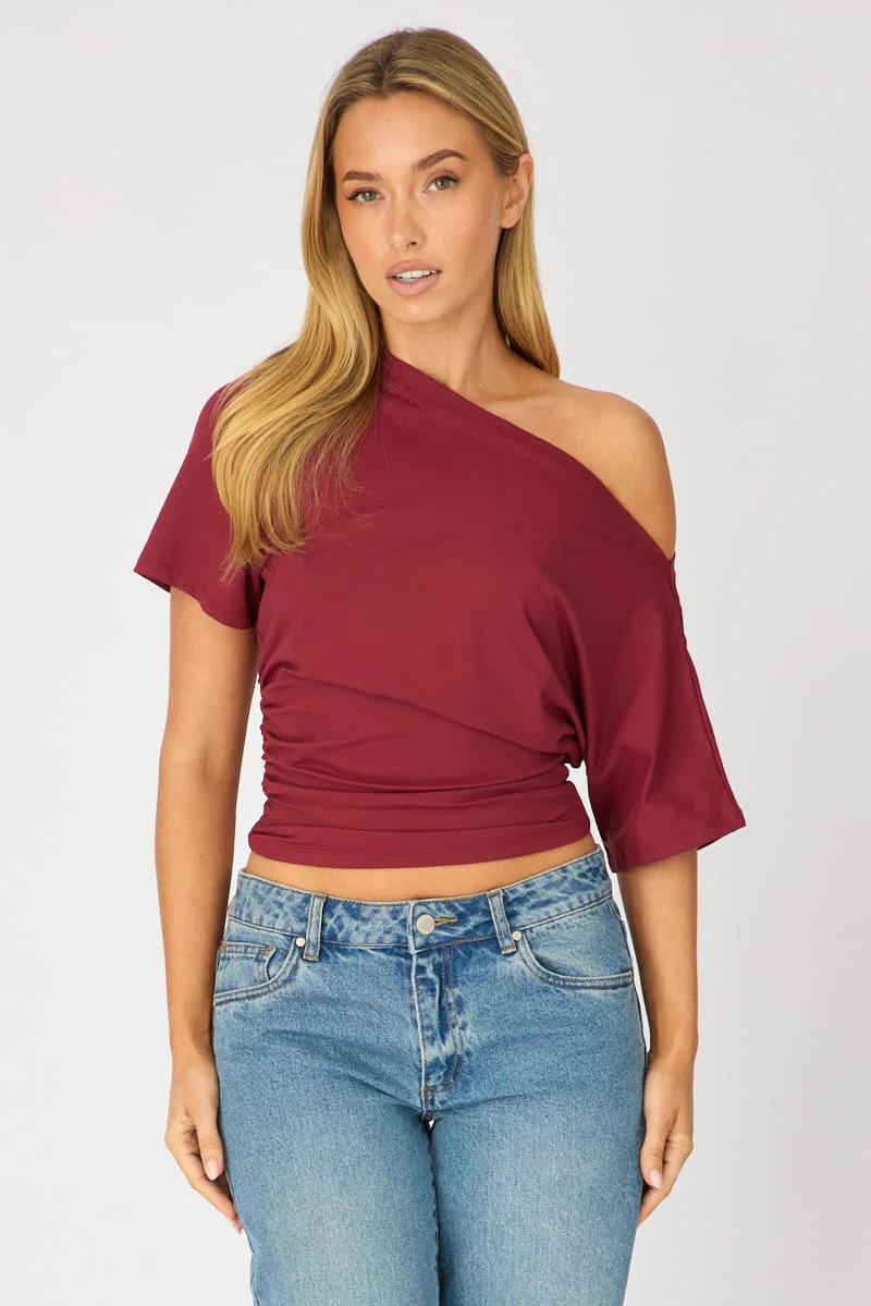 Red One Shoulder Top Short Sleeve - Image 3
