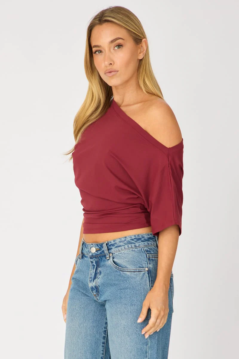 Red One Shoulder Top Short Sleeve - Image 4