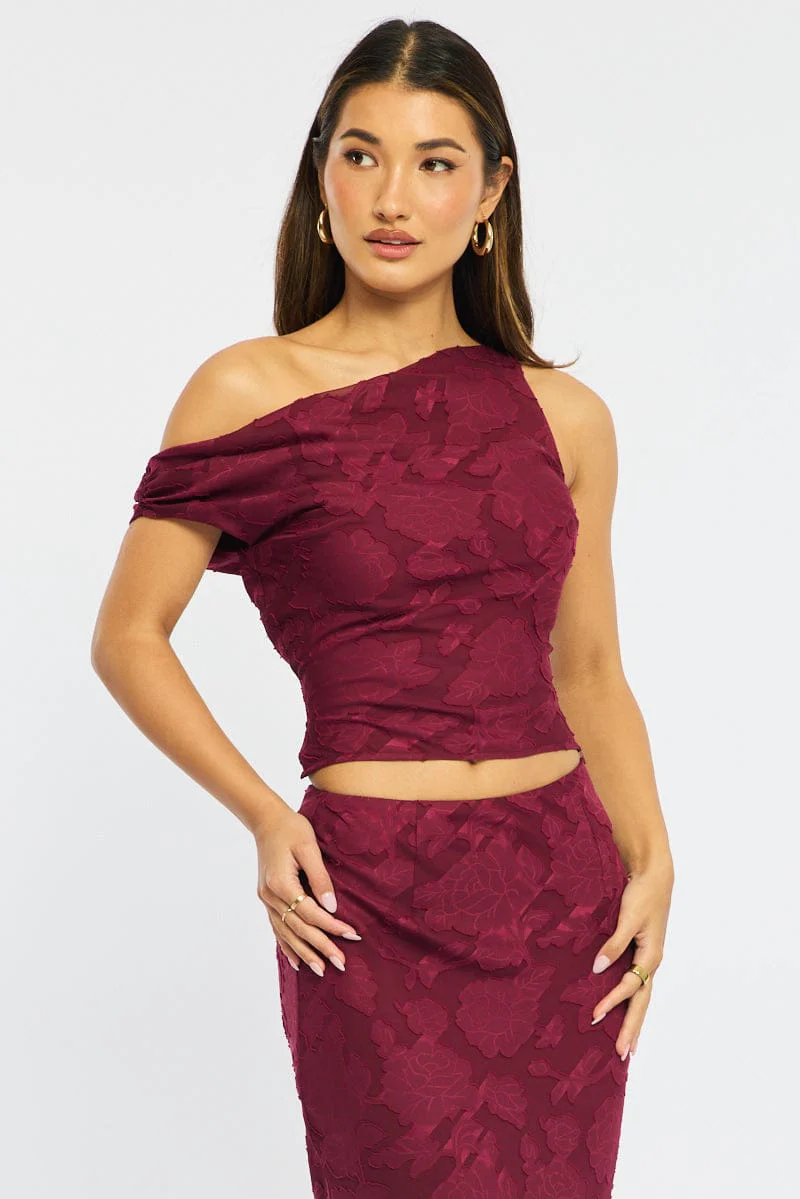 Red One Shoulder Top Sleeveless Asymmetric Textured