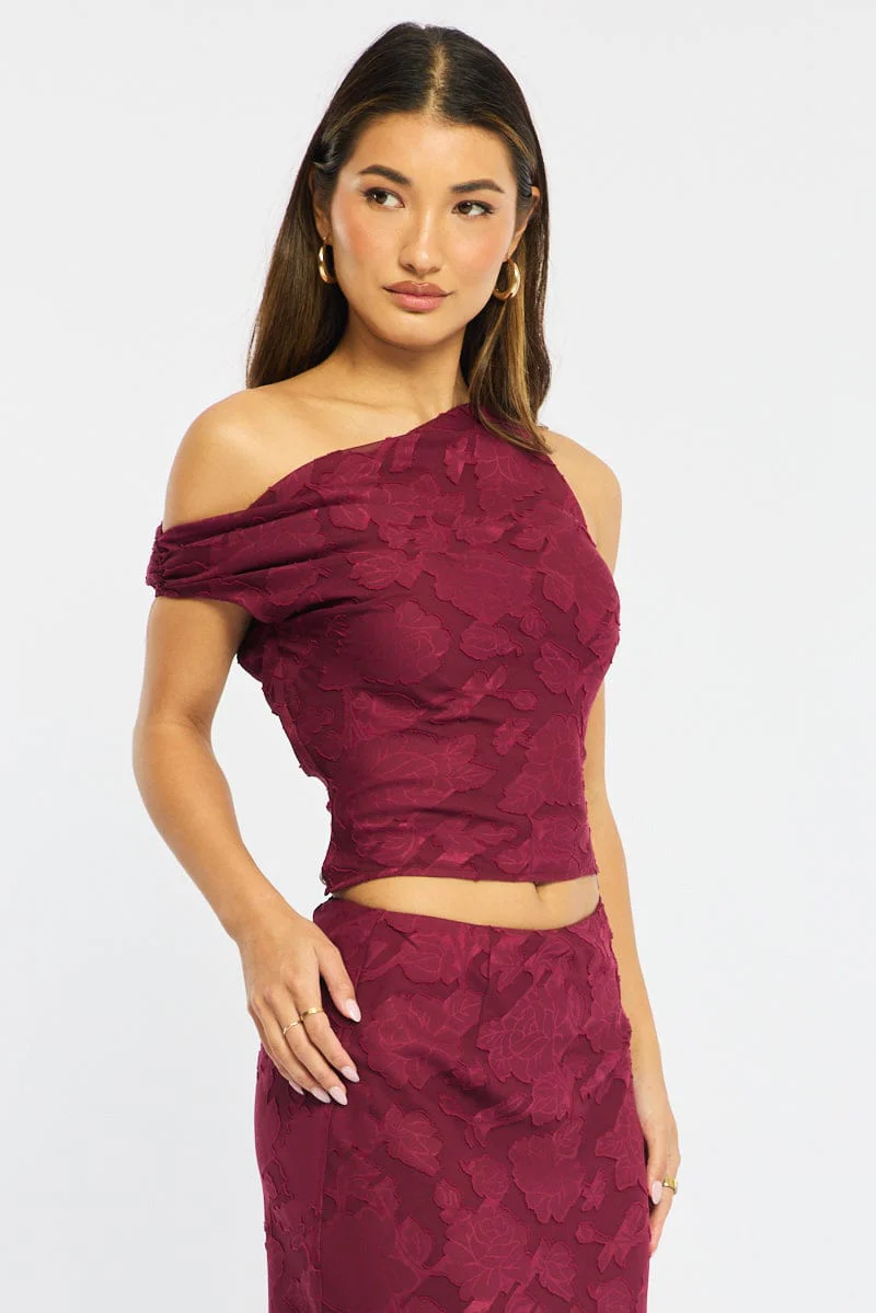 Red One Shoulder Top Sleeveless Asymmetric Textured - Image 3