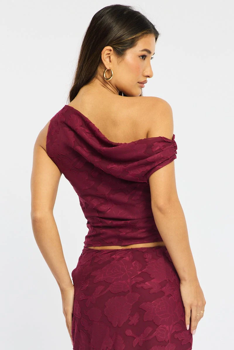 Red One Shoulder Top Sleeveless Asymmetric Textured - Image 4