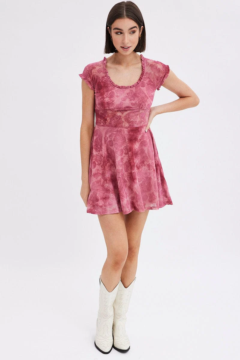 Red Paisley Mini Dress Short Sleeve Scoop Neck Fit & Flare - Image 2
