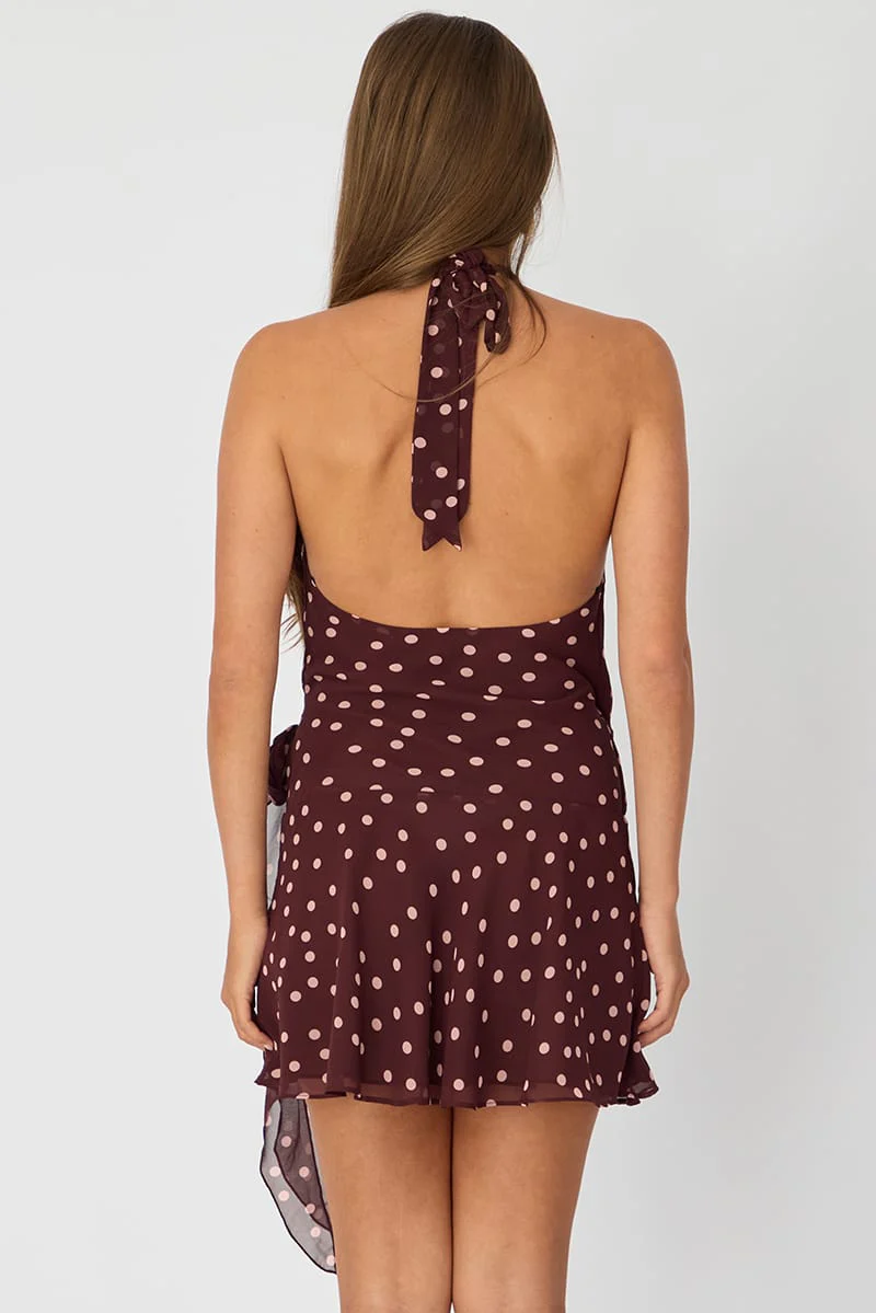 Red Polka Dot Wrap Dress Halter Neck Mini - Image 5