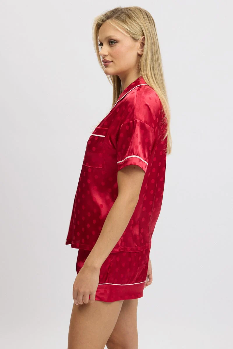 Red Satin Pyjamas Set Short Sleeve - Image 4
