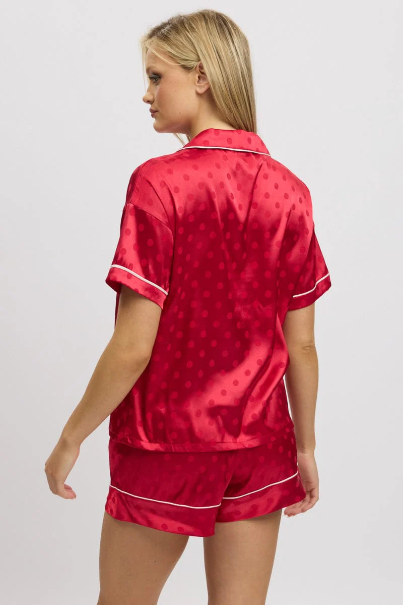 Red Satin Pyjamas Set Short Sleeve - Image 5