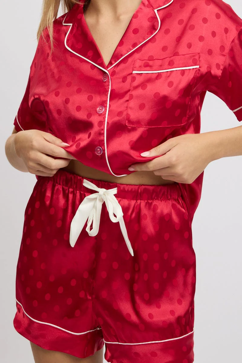 Red Satin Pyjamas Set Short Sleeve - Image 6