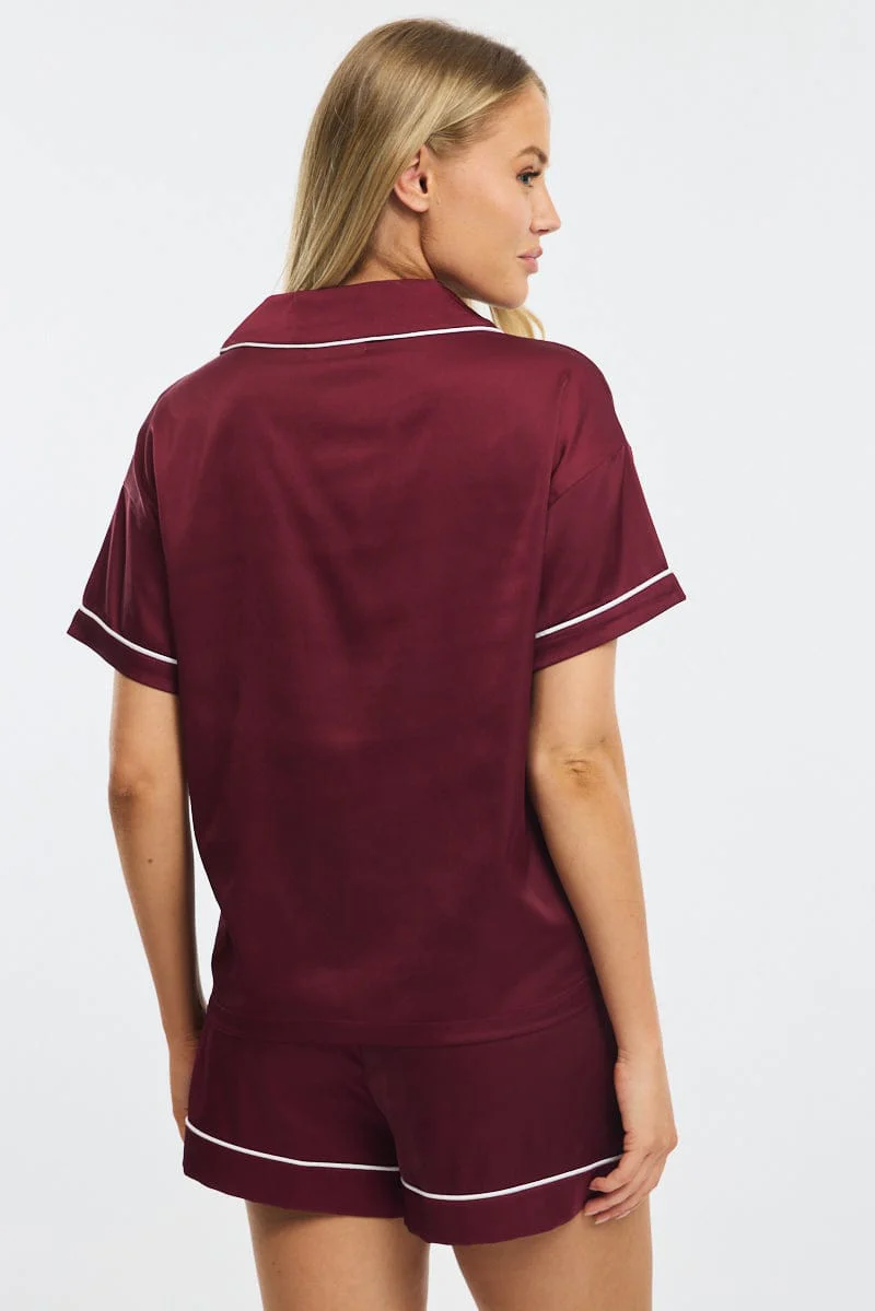Red Satin Pyjamas Set Short Sleeve - Image 4