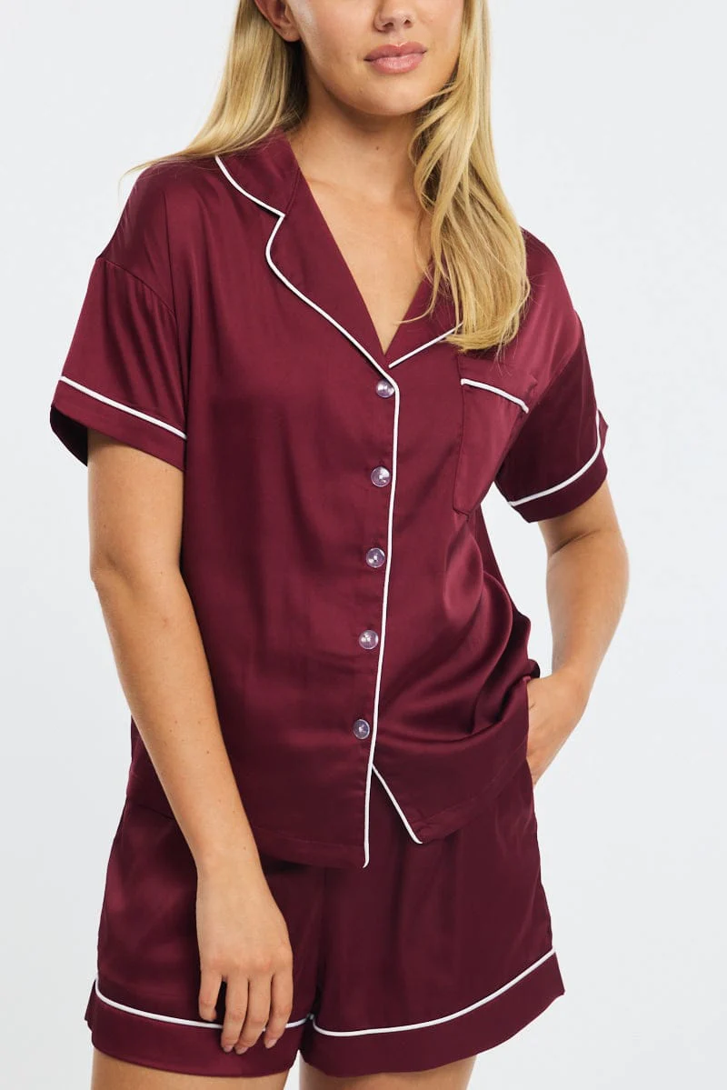 Red Satin Pyjamas Set Short Sleeve - Image 5