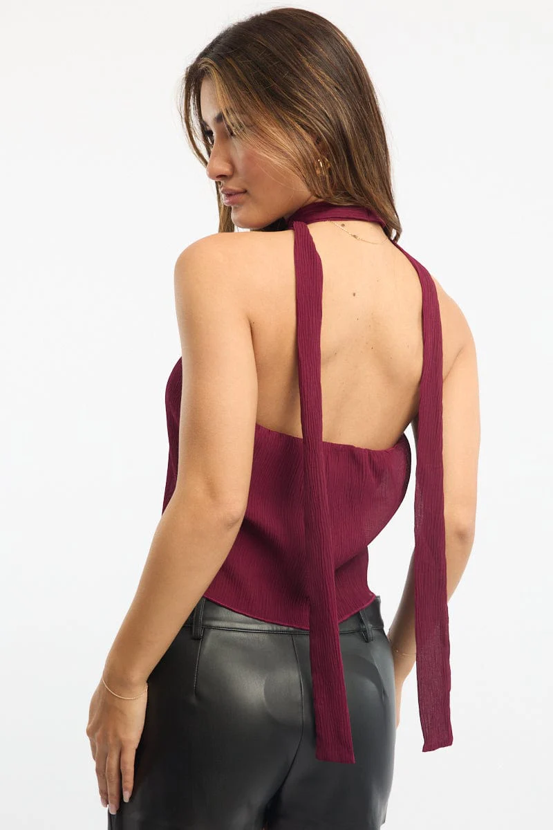 Red Scarf Top Sleeveless Halter Plisse Vest Detail - Image 4