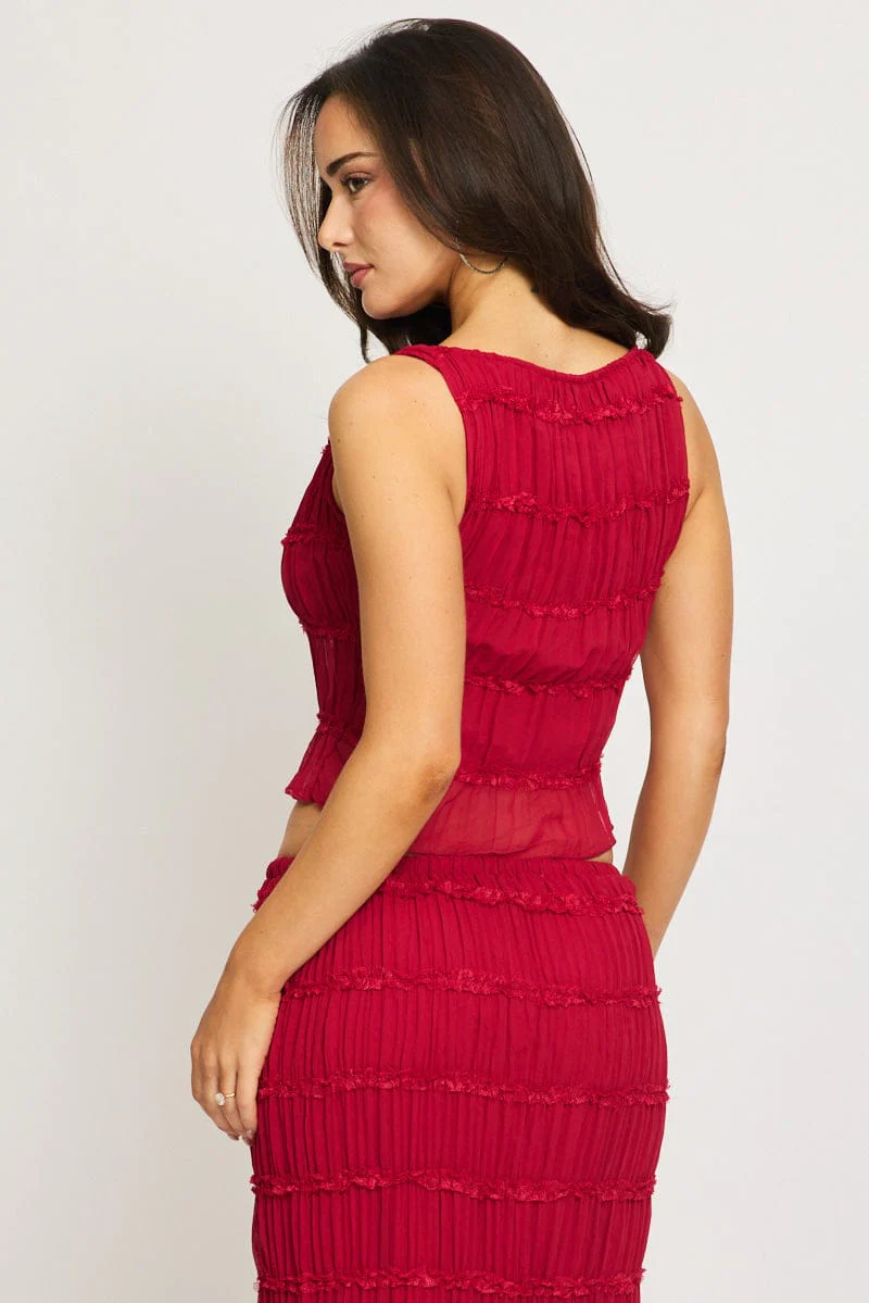 Red Shirred Singlet Boat Neck Longline - Image 3