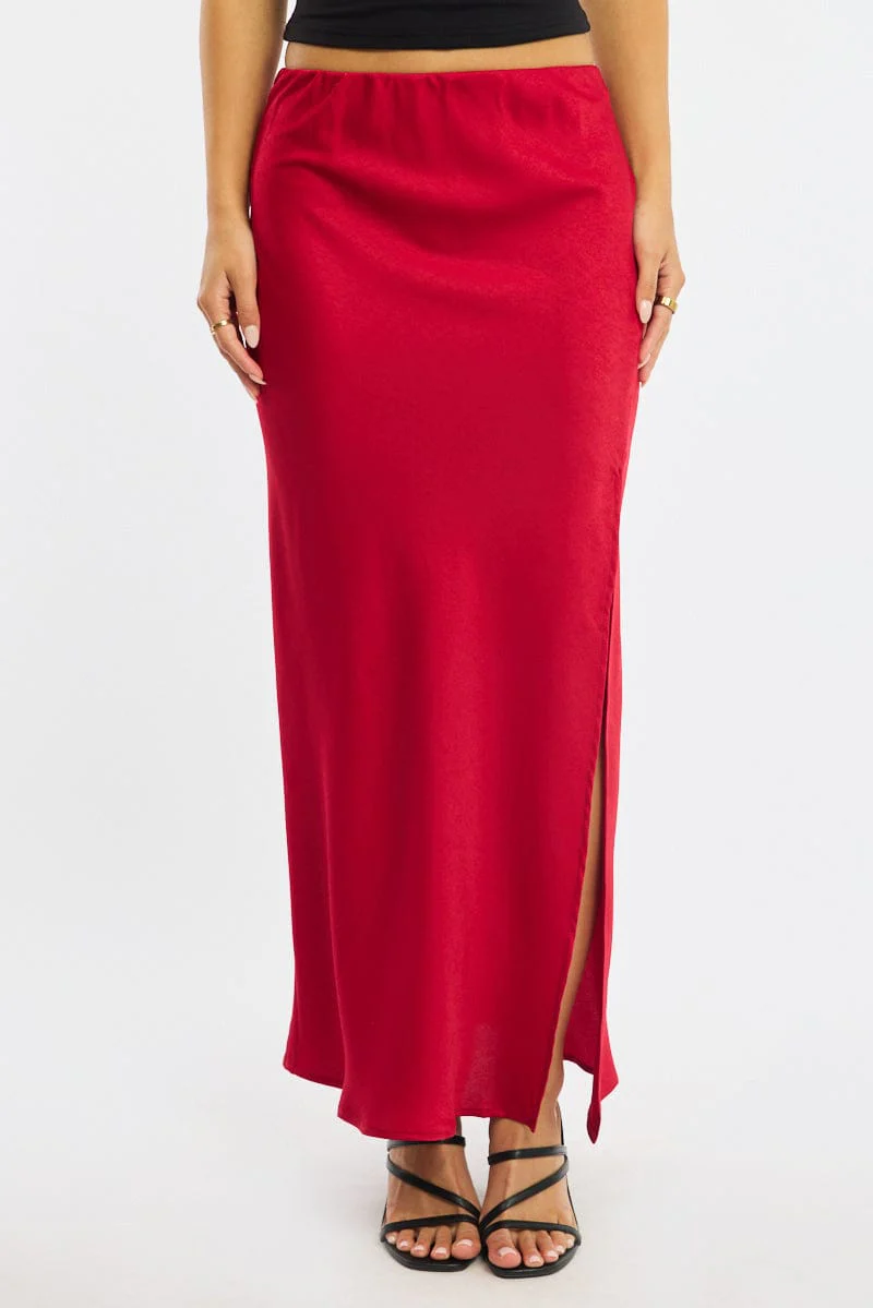Red Slip Skirt High Waist Front Split Midaxi Satin