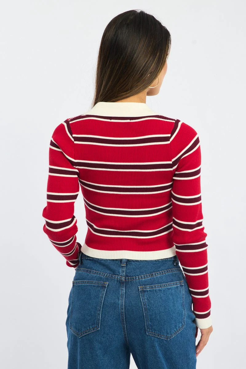 Red Stripe Knit Top Long Sleeve Collar - Image 5